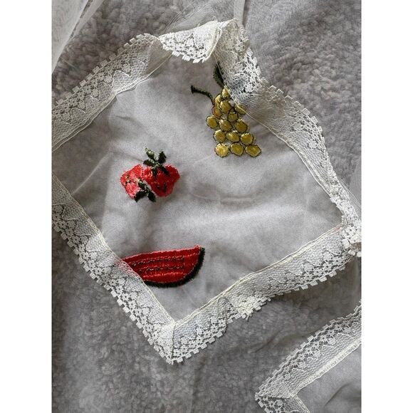 Vintage ENKA Sheer Half Apron White with Fruit Pattern Pockets 1950's - Picture 6 of 9